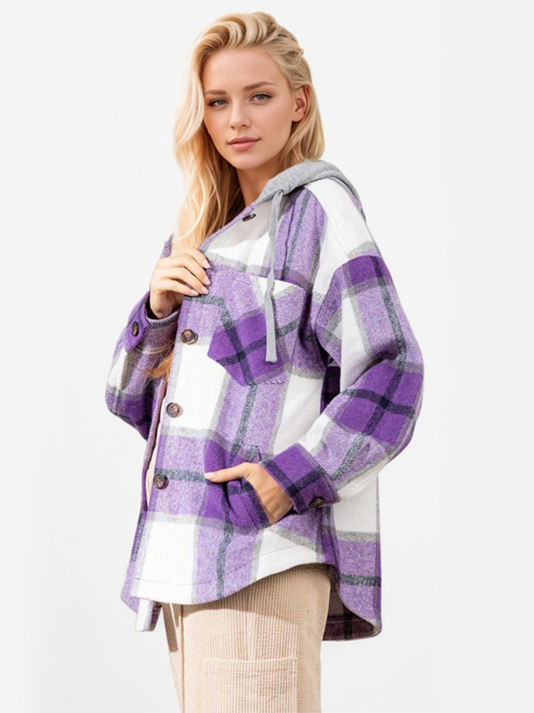 Drawstring Plaid Button Up Long Sleeve Outerwear