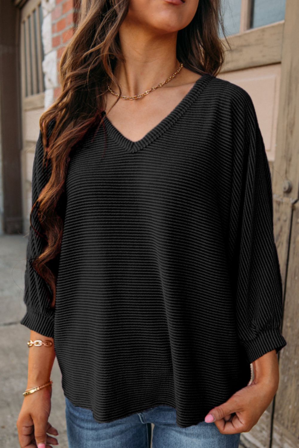 Texture V-Neck Long Sleeve Top