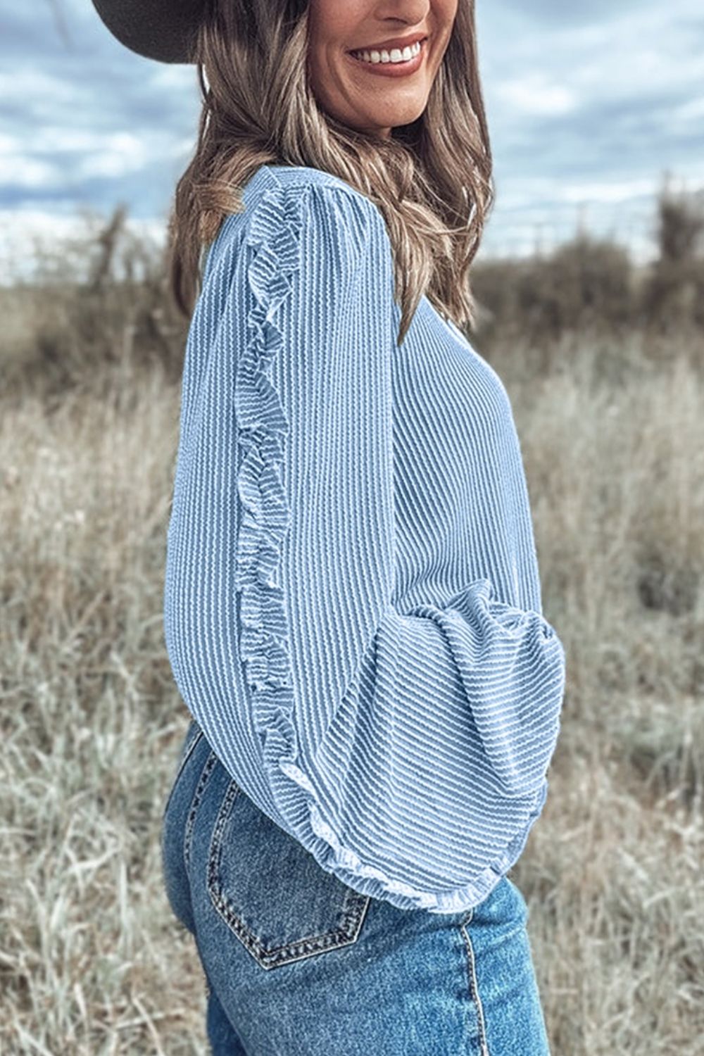 Frill Texture Round Neck Long Sleeve Sweatshirt