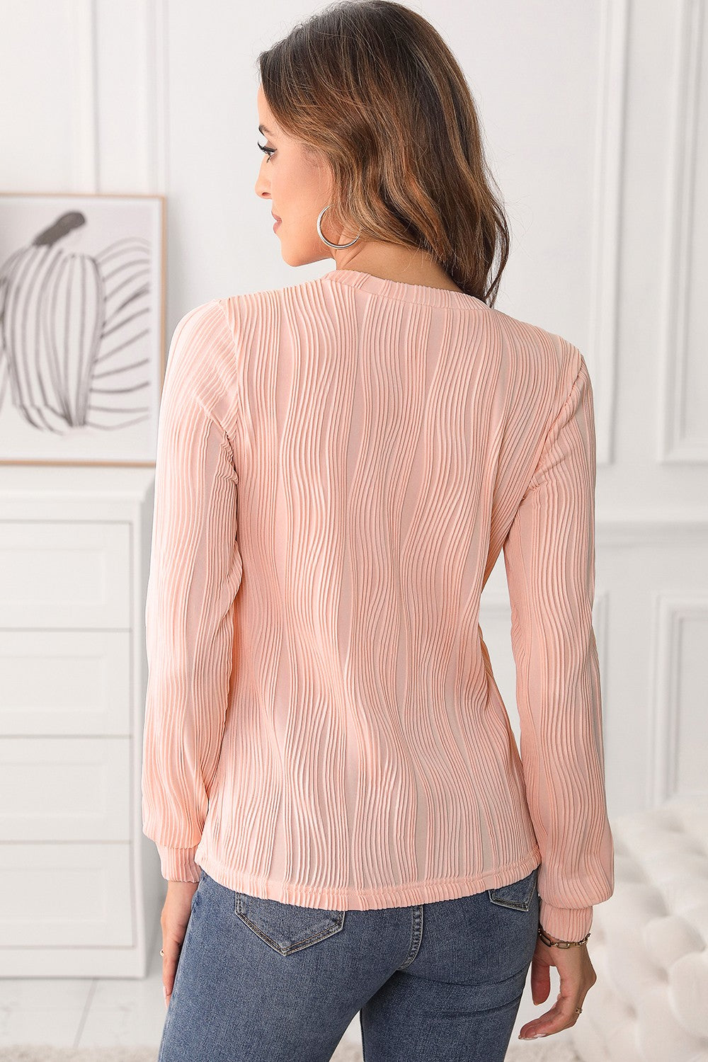 Textured Round Neck Long Sleeve Blouse