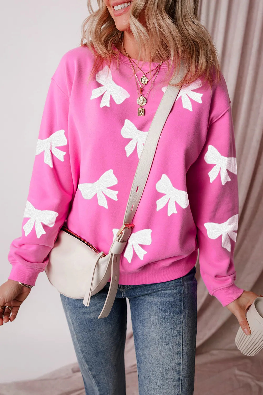 Bow Dropped Shoulder Long Sleeve Sweatshirt