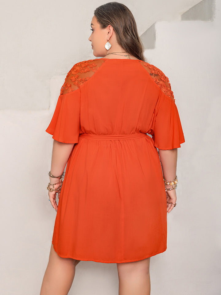 Plus Size Lace Button Up Half Sleeve Dress