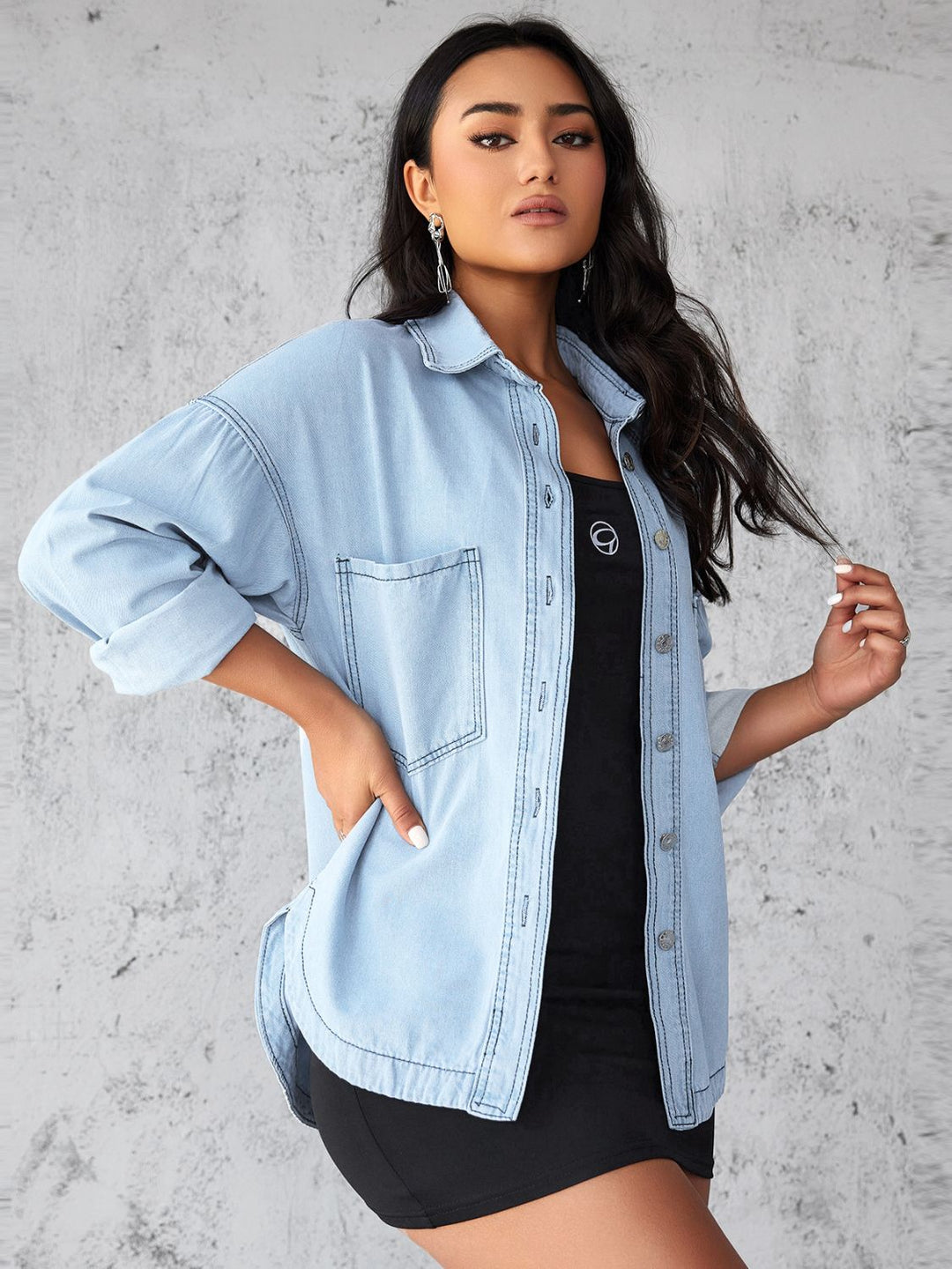 Collared Neck Button Up Long Sleeve Denim Shirt