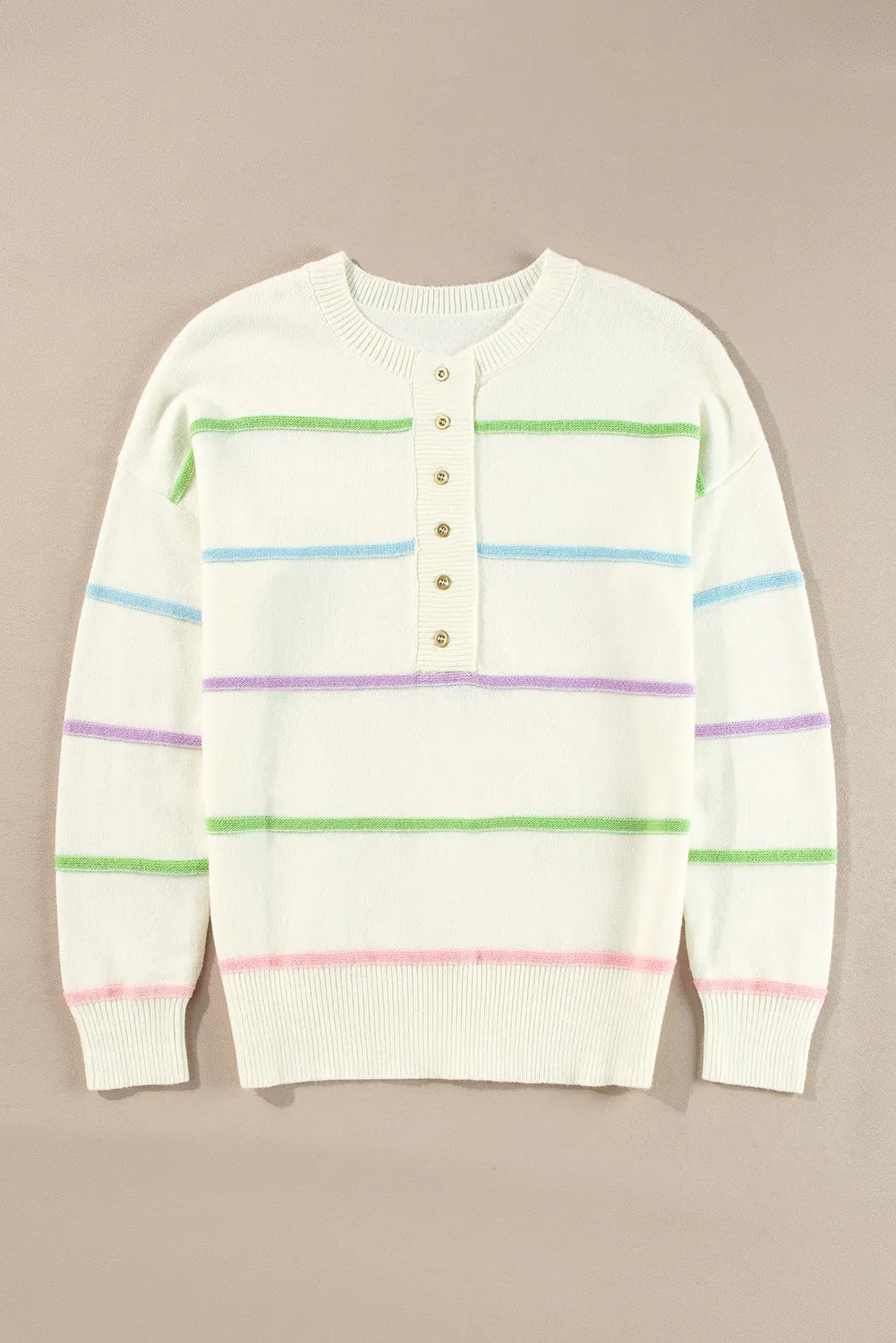 Contrast Striped Half Button Round Neck Sweater