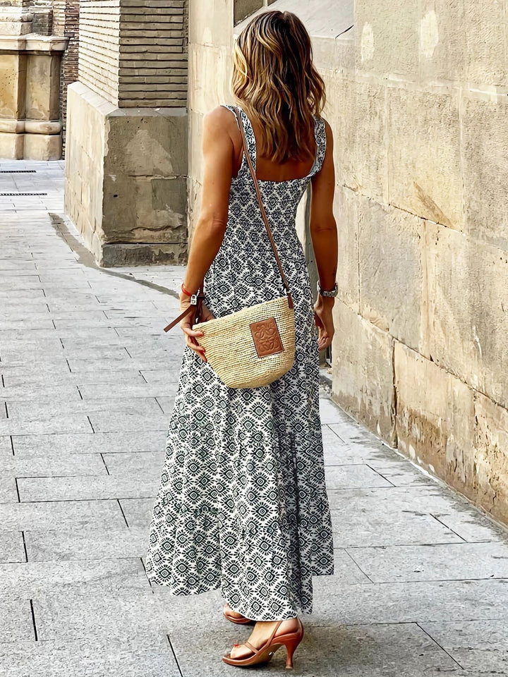 Smocked Printed Square Neck Sleeveless Dress