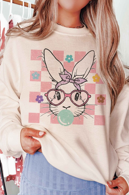 CHECKERED BUBBLE GUM BUNNY Graphic Sweatshirt