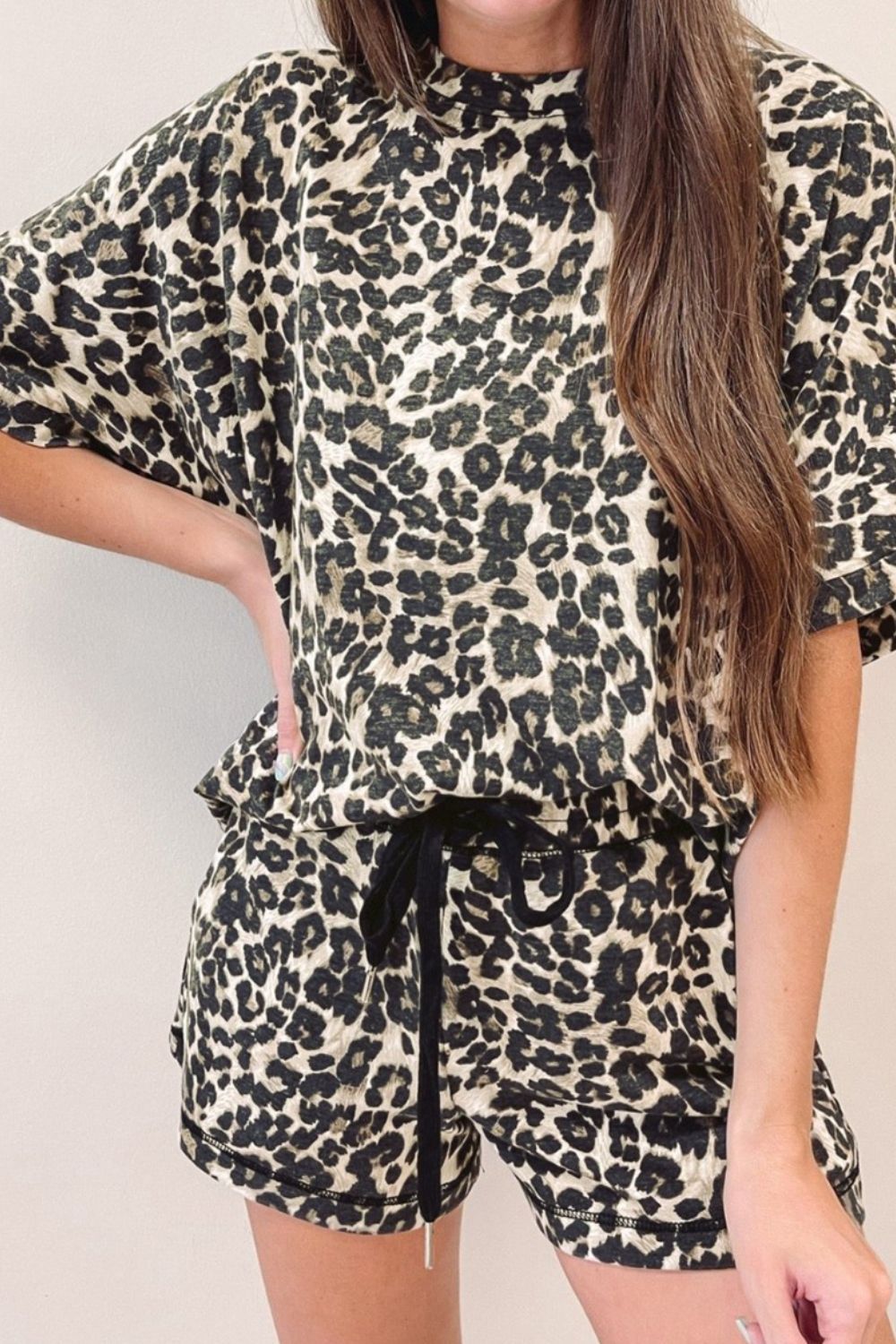 Leopard Round Neck Top and Shorts Set