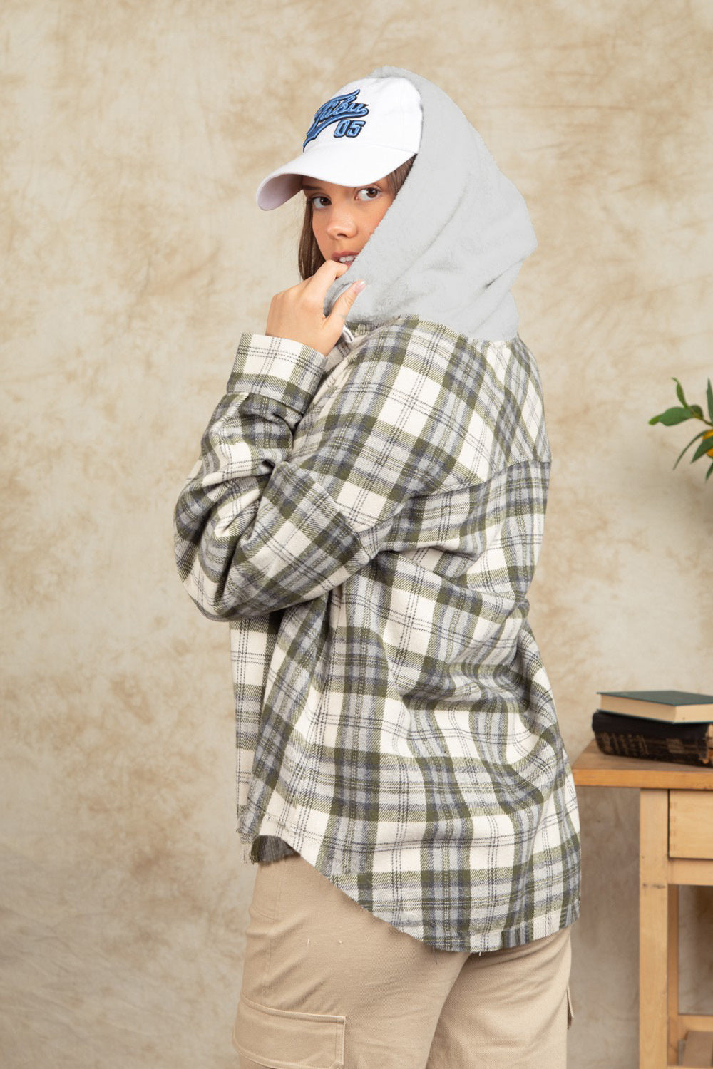 Drawstring Plaid Long Sleeve Hooded Jacket