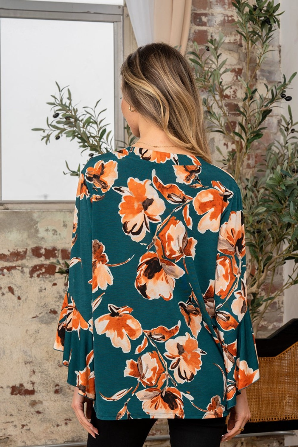 Sew In Love Full Size Wrinkle Free Floral Flounce Sleeve Top