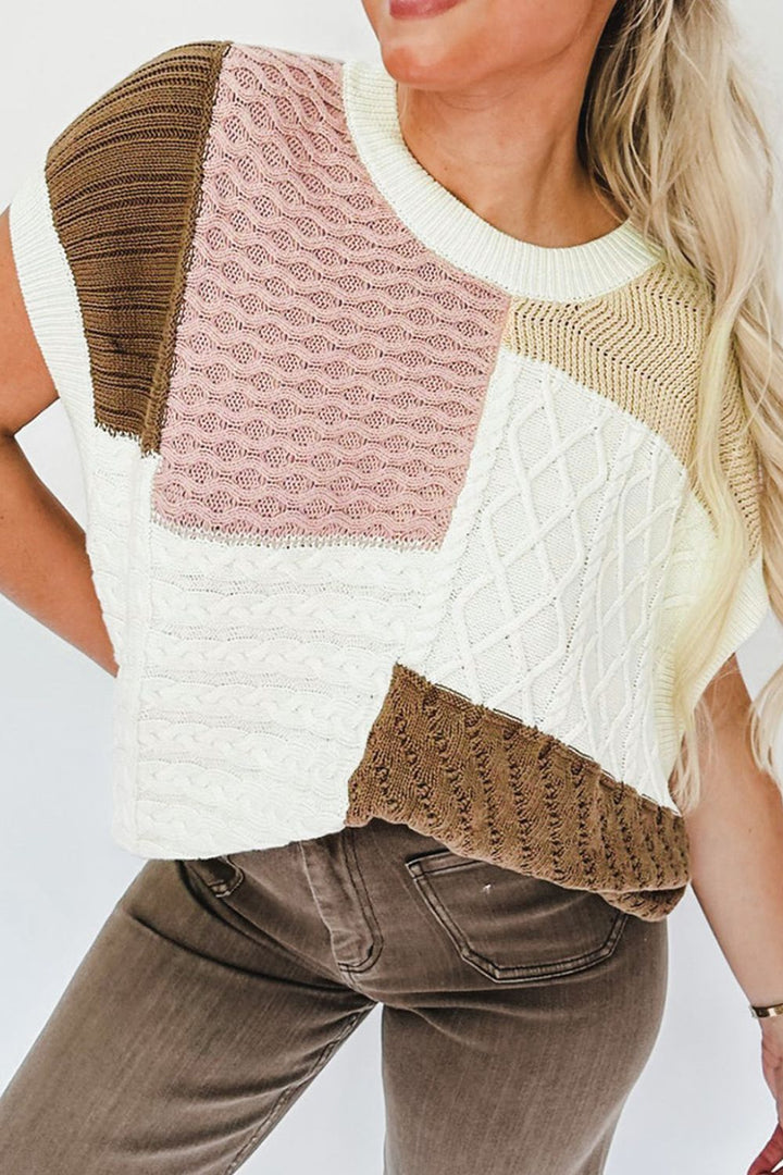 Cable-Knit Color Block Round Neck Sweater Vest