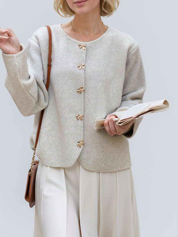 Bow Button Down Round Neck Long Sleeve Cardigan