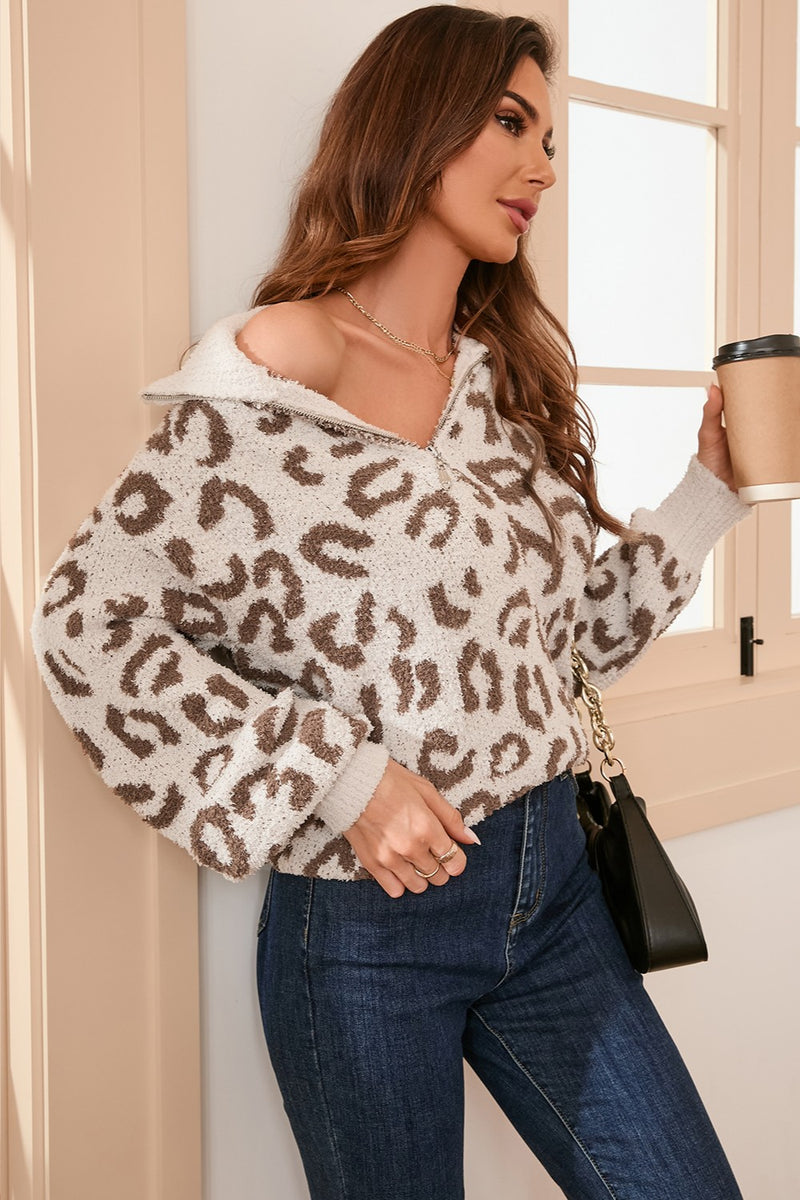 Leopard Half Zip Long Sleeve Sweater