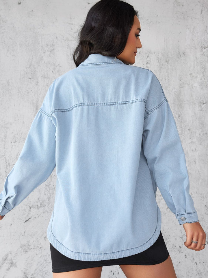 Collared Neck Button Up Long Sleeve Denim Shirt