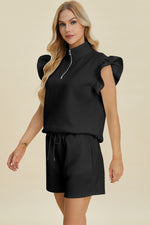 Double Take Full Size Texture Flounce Sleeve Top and Shorts Set