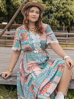 Plus Size Lace Detail Printed Half Sleeve Midi Dress