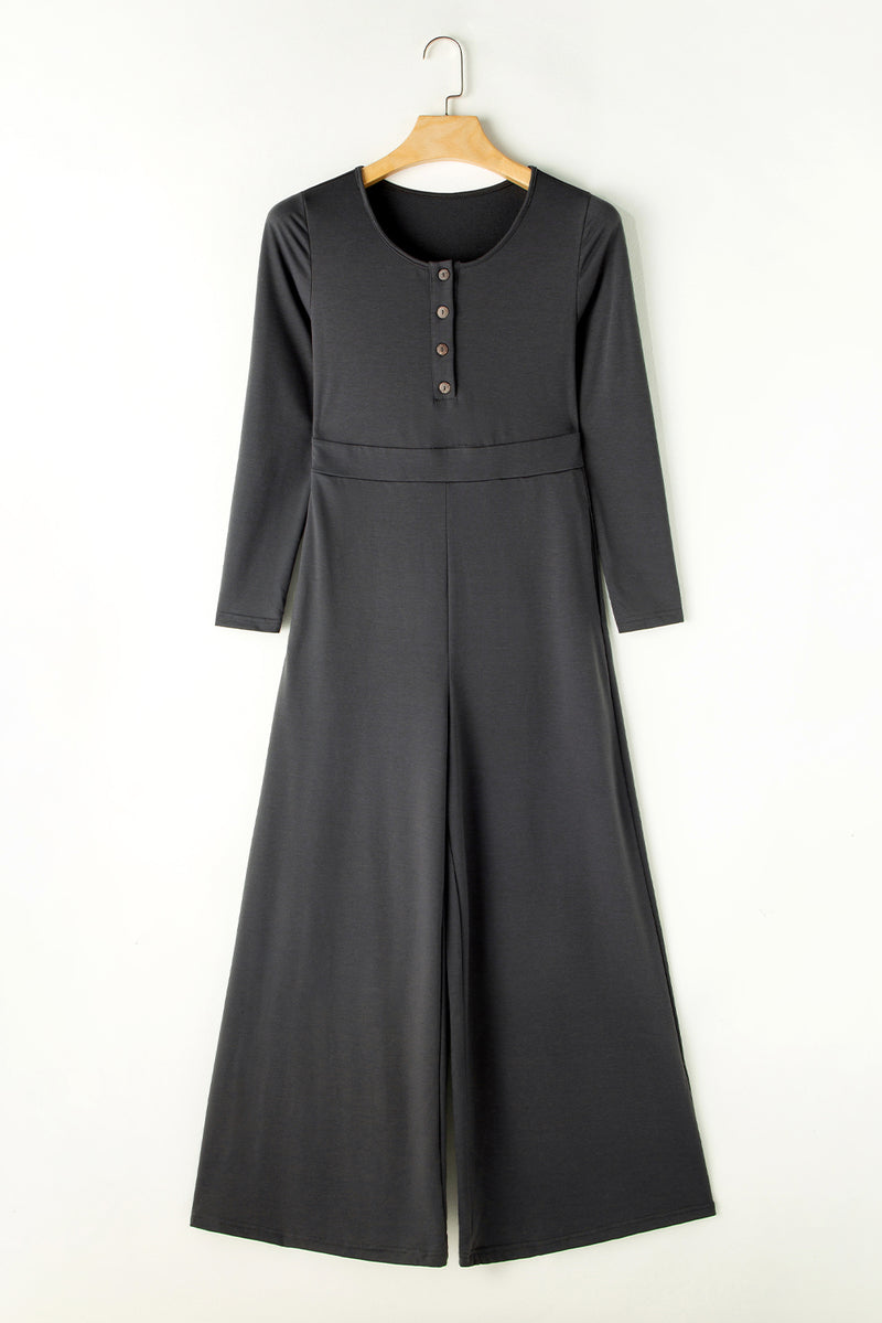 Pocketed Long Sleeve Wide Leg Jumpsuit