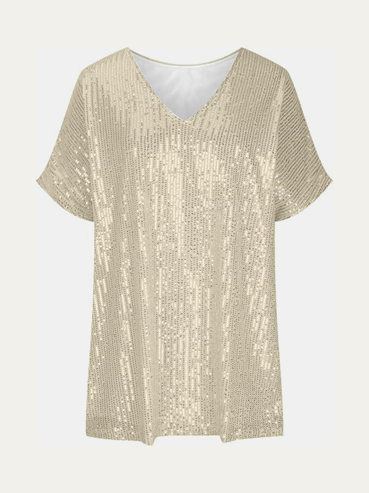 Full Size Sequin V-Neck Short Sleeve Top