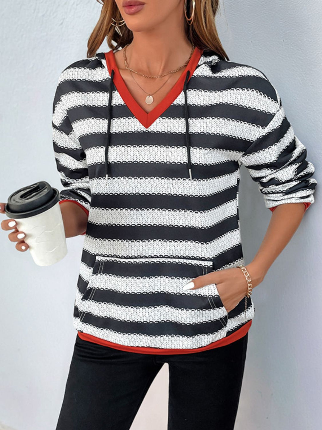 Perfee Contrast Striped Long Sleeve Hoodie