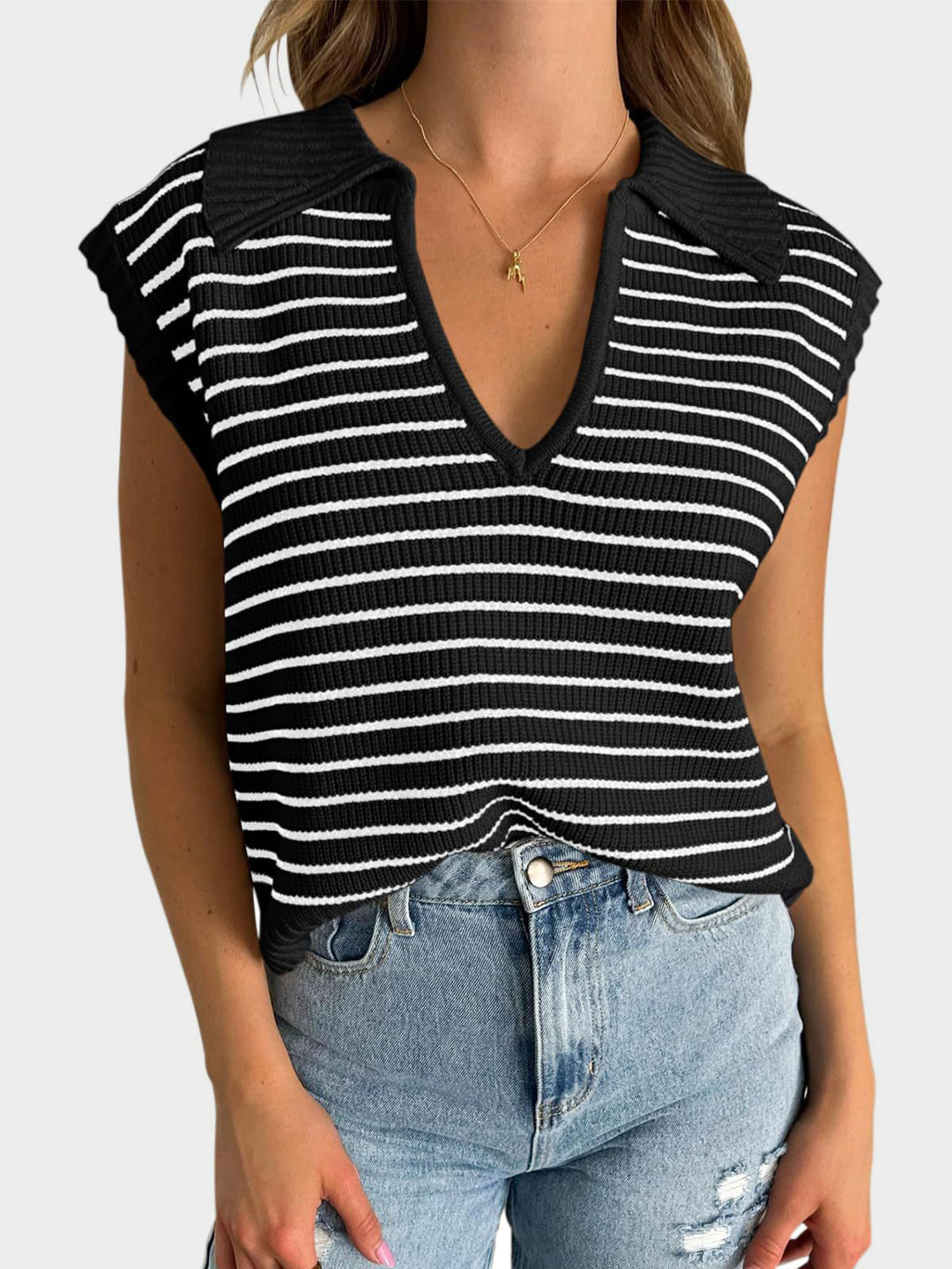 Mandy Collared Neck Striped Sweater Vest