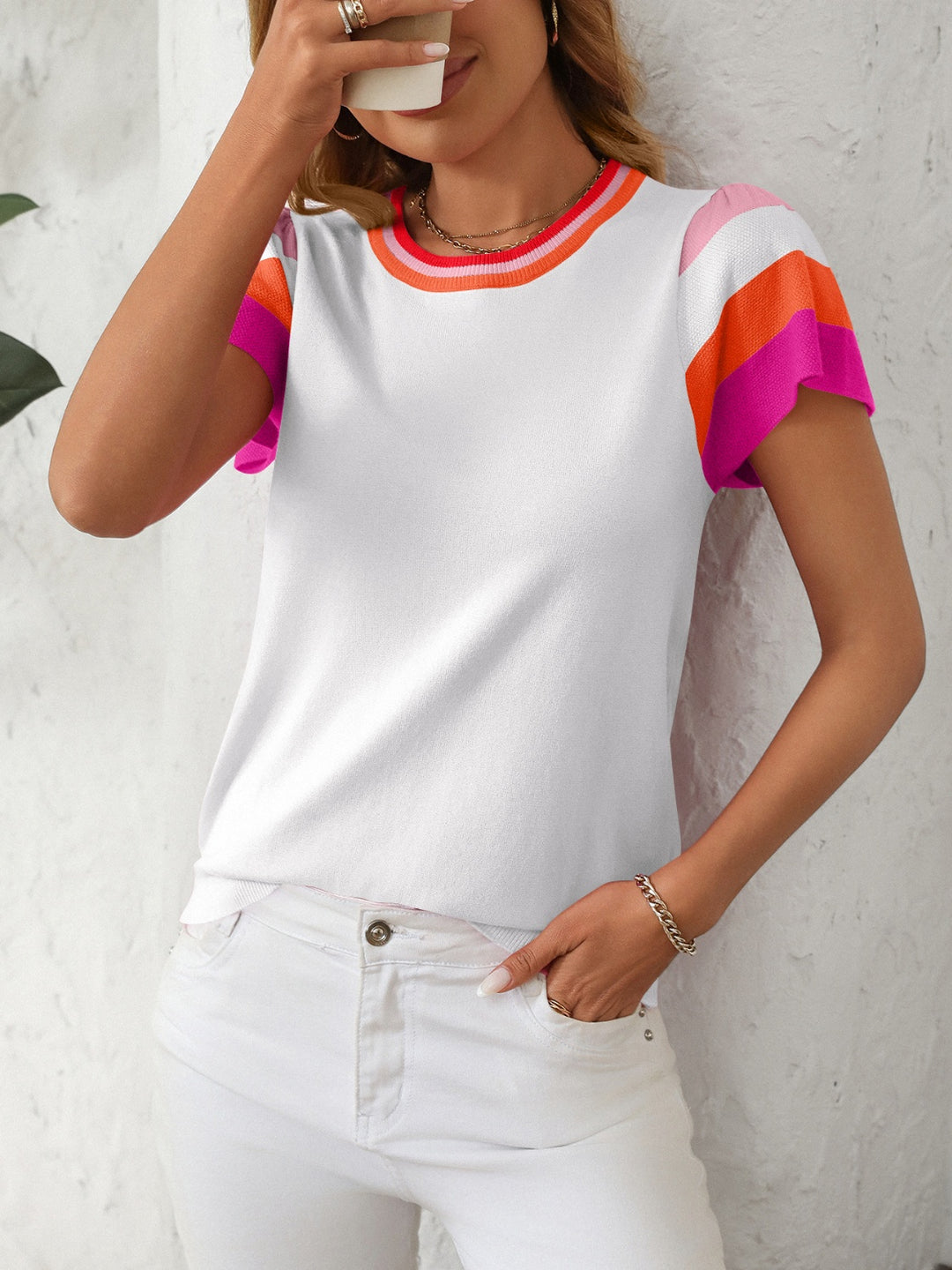 Mandy Contrast Round Neck Short Sleeve Knit Top