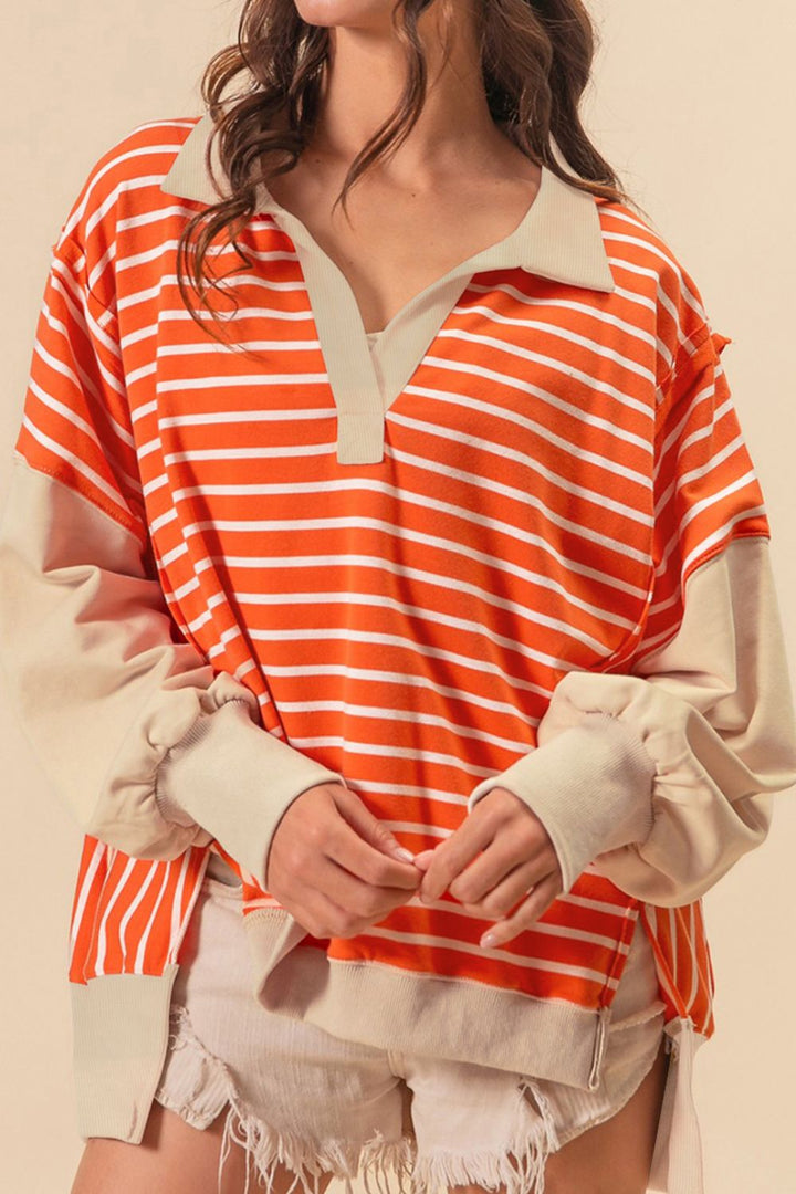 Striped Johnny Collar Long Sleeve Sweatshirt