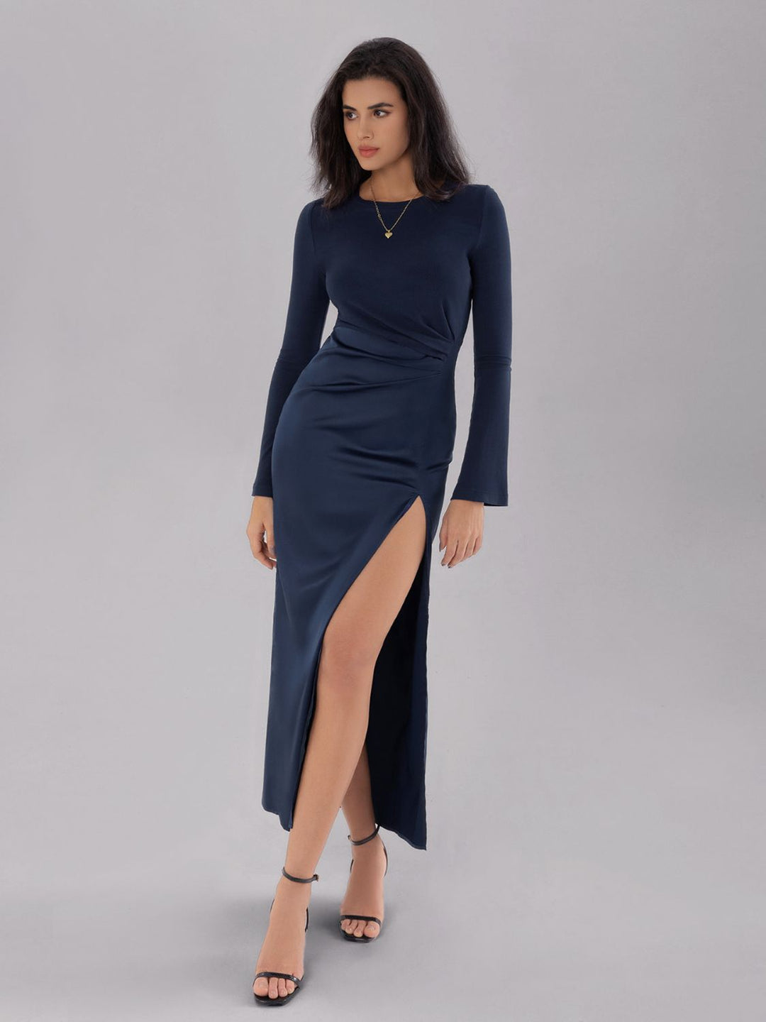 Split Round Neck Long Sleeve Midi Dress