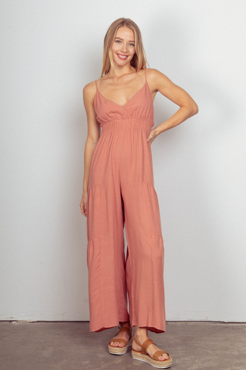 VERY J Sleeveless Ruched Wide Leg Jumpsuit