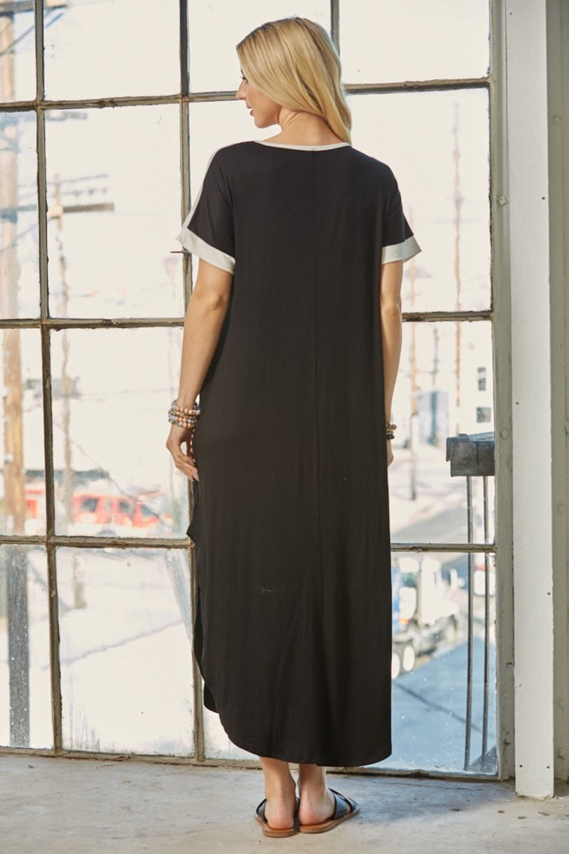 Celeste Full Size Leopard Color Block Short Sleeve Slit Maxi Dress with Pockets