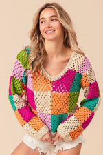 BiBi Multi Color Checkered Long Sleeve Knit Top