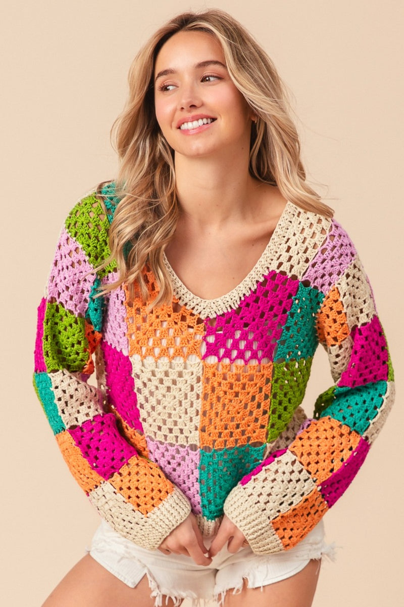 BiBi Multi Color Checkered Long Sleeve Knit Top