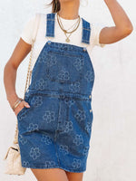 Flower Wide Strap Denim Overall Dress with Pockets