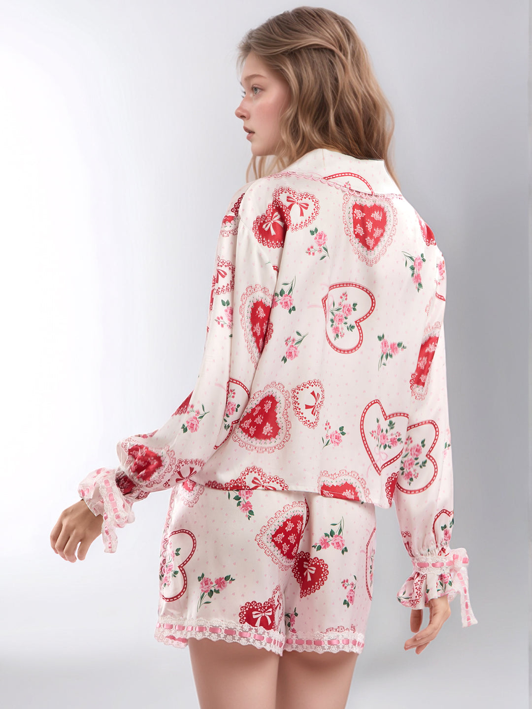 Valentine’s Day Lace Detail Heart Print Collared Neck Top and Shorts Lounge Set