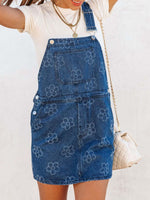 Flower Wide Strap Denim Overall Dress with Pockets