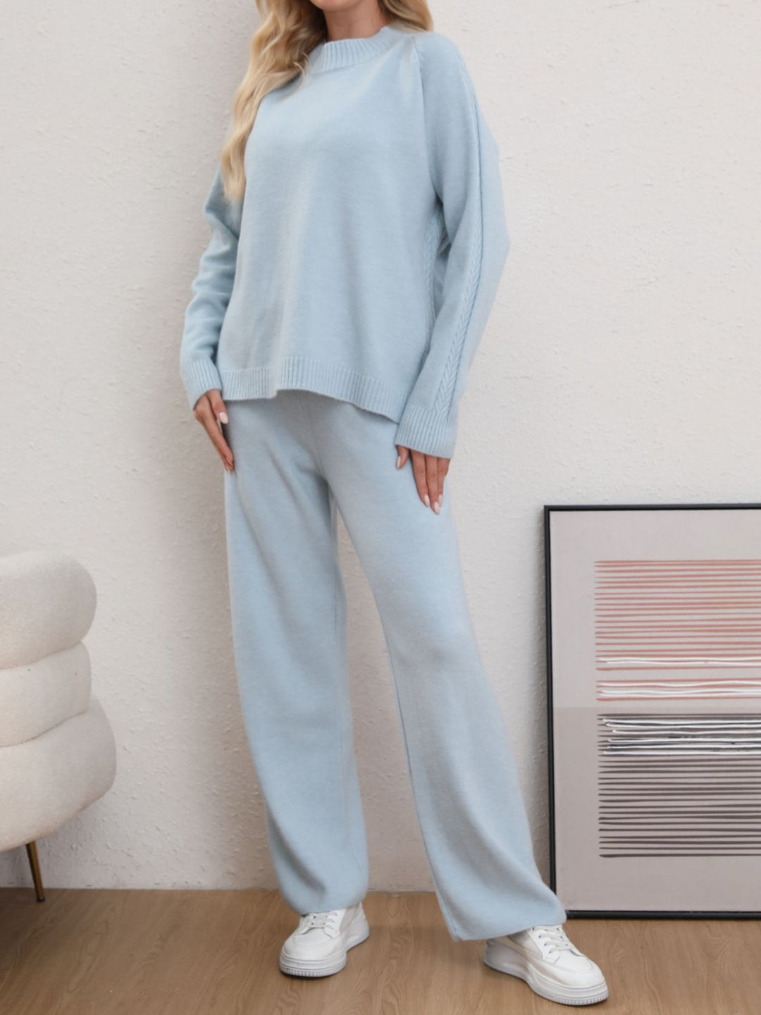 Mock Neck Long Sleeve Top and Pants Sweater Set