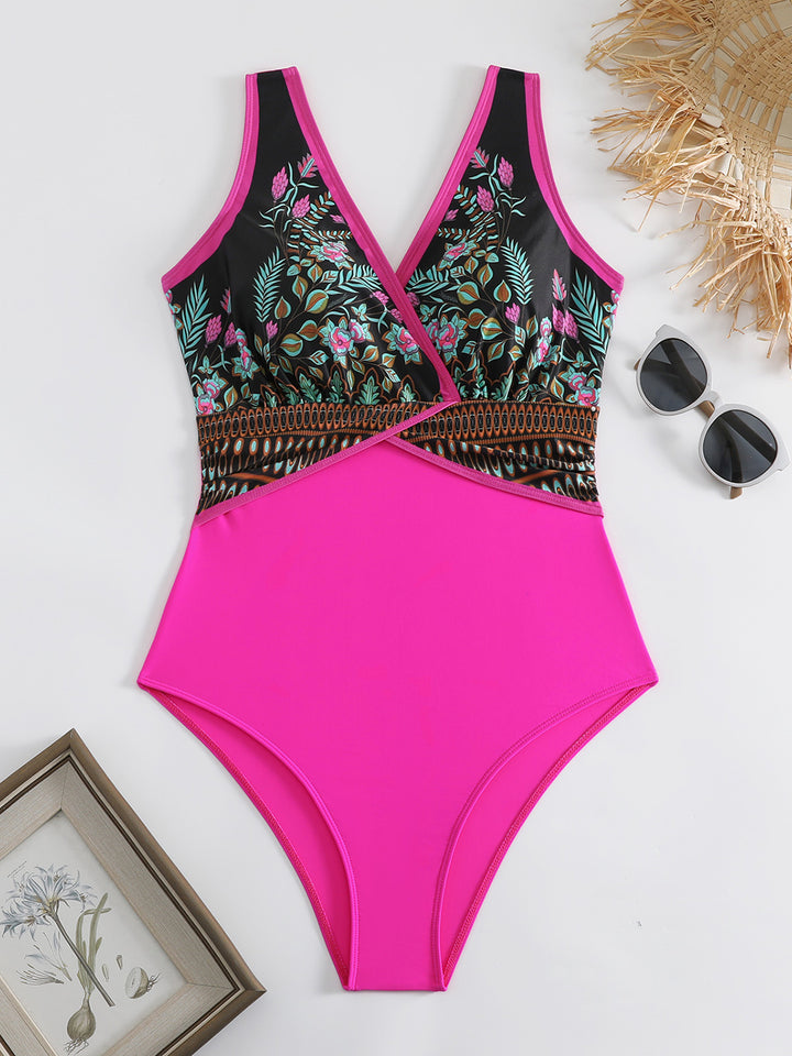 Printed Surplice Wide Strap One-Piece Swimwear