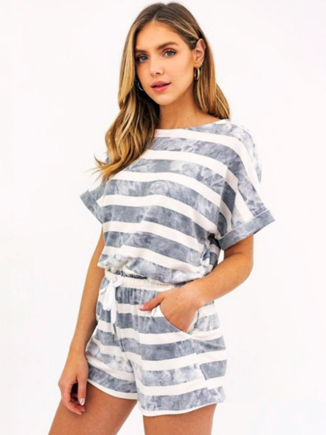 Striped Round Neck Top and Shorts Set