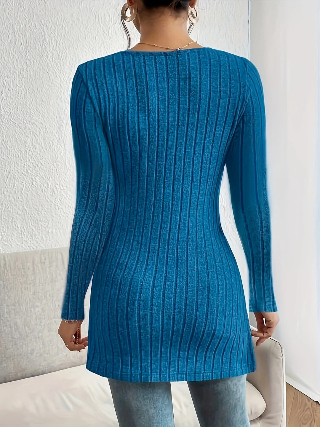 Slit Ribbed V-Neck Long Sleeve T-Shirt