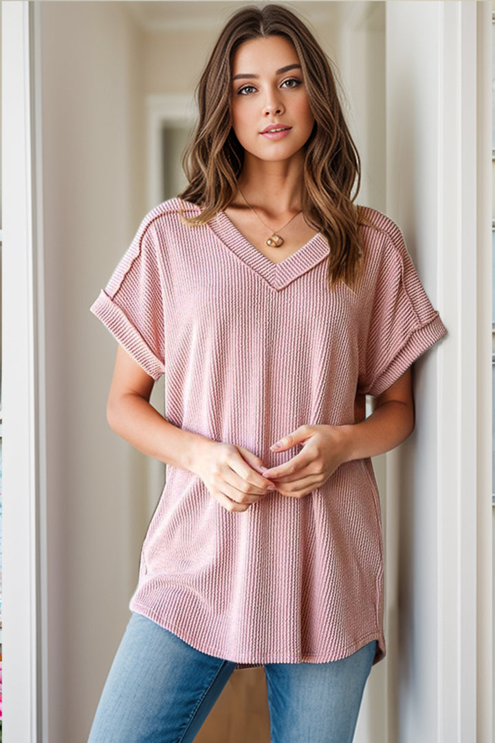 Textured V-Neck Short Sleeve Top