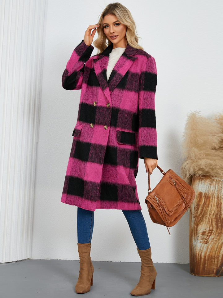 Plaid Double-Breasted Long Sleeve Coat