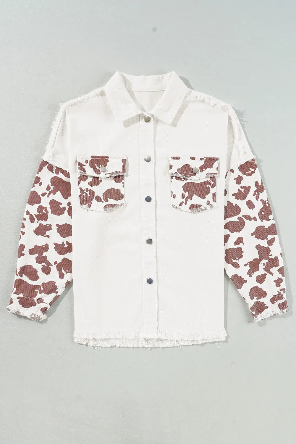 Raw Hem Animal Print Long Sleeve Denim Jacket