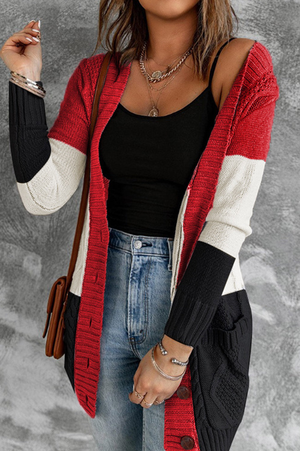 Color Block V-Neck Button Up Cardigan