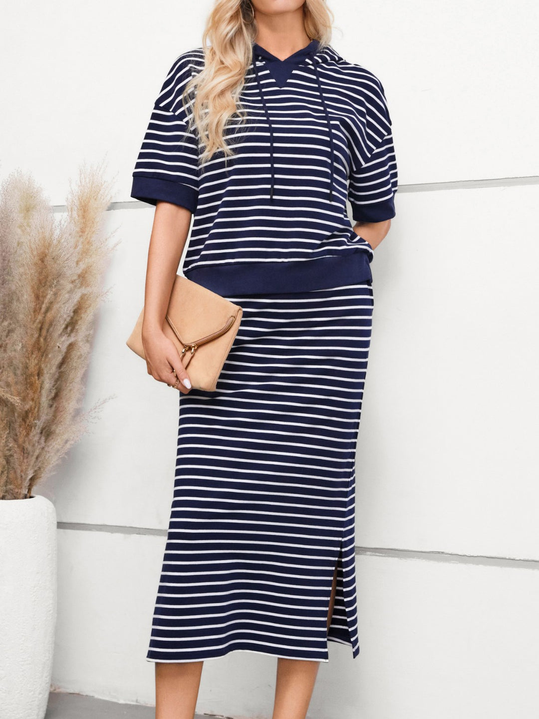 Drawstring Striped Short Sleeve Hooded Top and Skirt Set