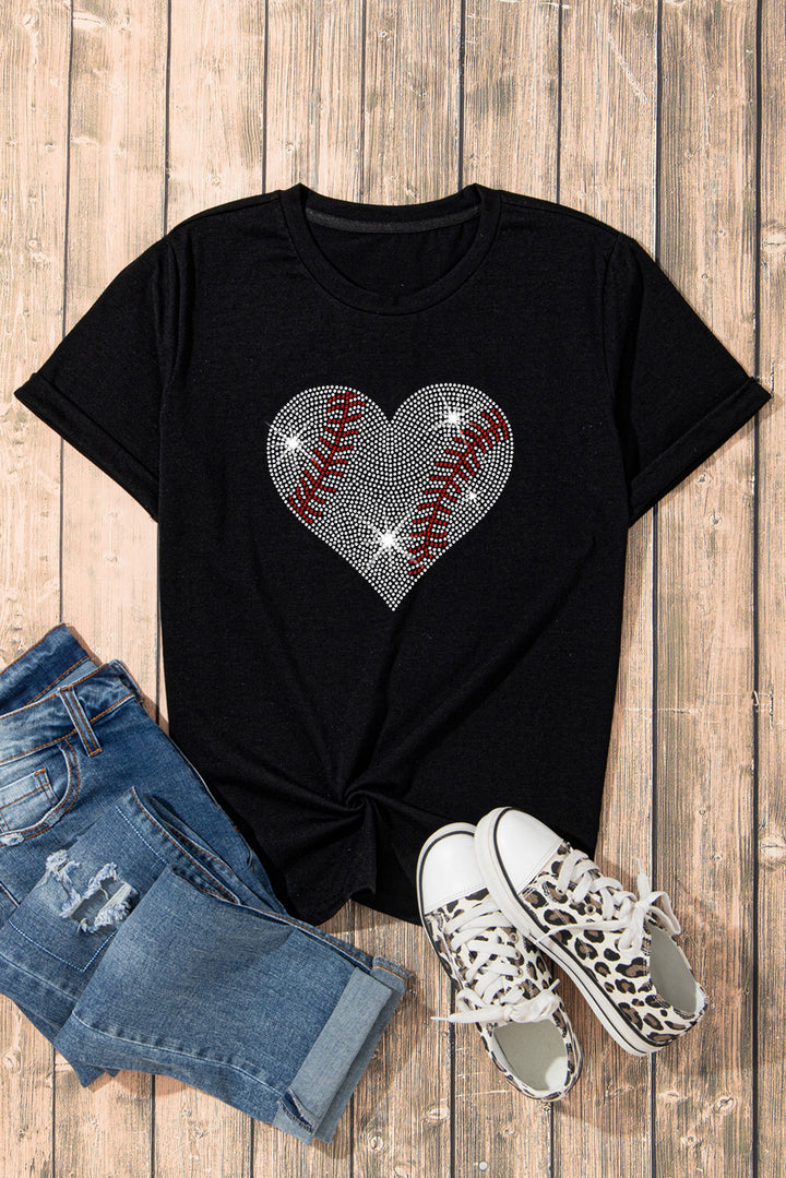 Rhinestone Heart Round Neck Short Sleeve T-Shirt