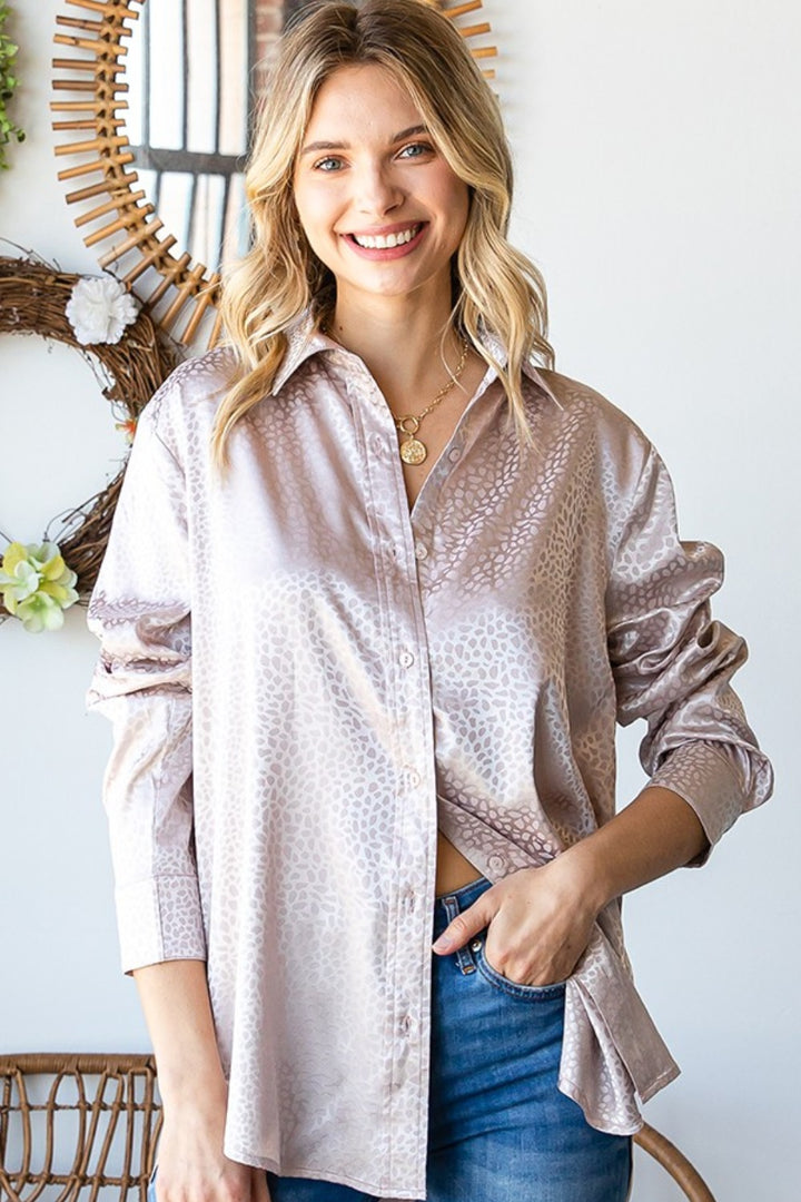 First Love Full Size Ditsy Dot Button Down Collared Satin Shirt