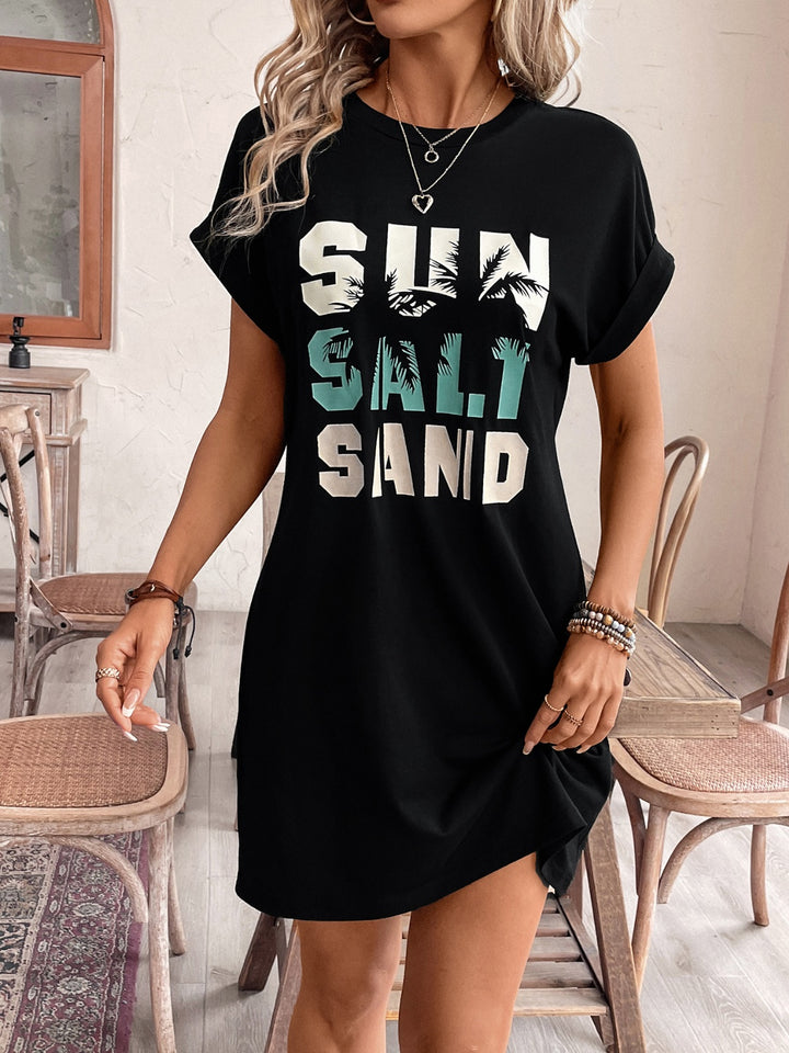 Letter Graphic Round Neck Short Sleeve Mini Tee Dress