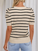 Striped Round Neck Puff Sleeve Knit Top