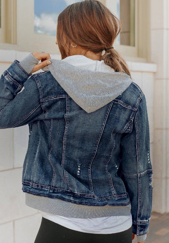 Fake Two-Piece Hooded Zip-Up Denim Jacket