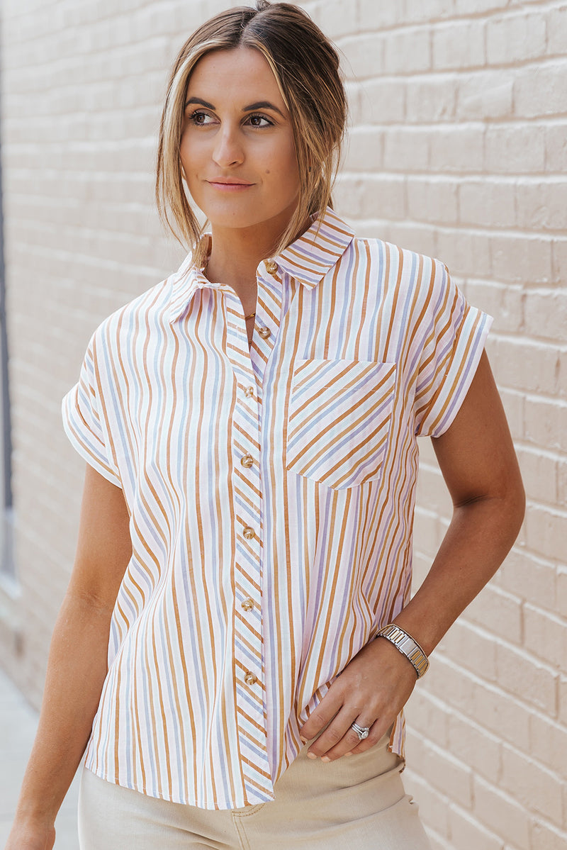 Pocketed Striped Collared Neck Short Sleeve Shirt
