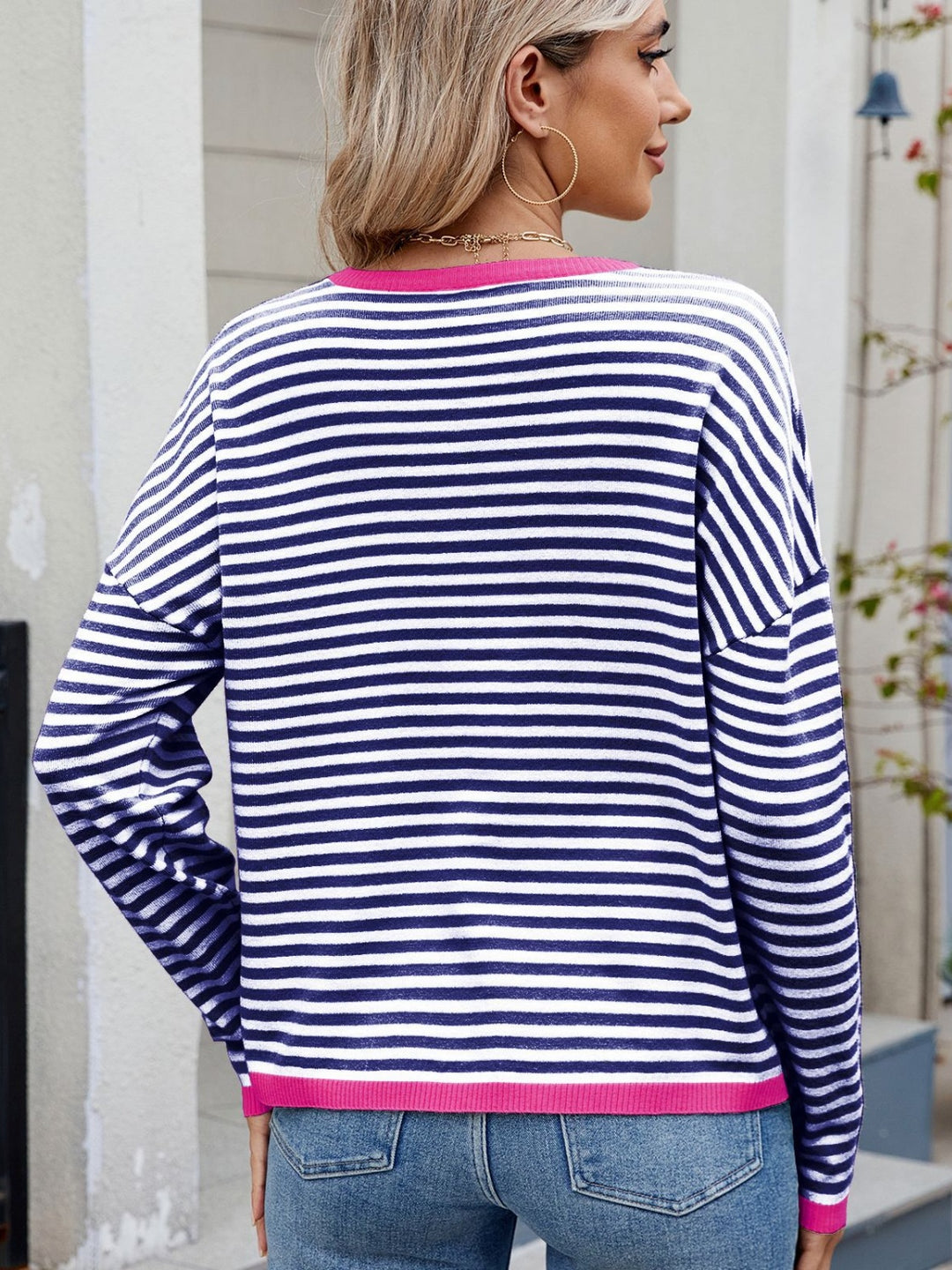 Striped Contrast Round Neck Long Sleeve Sweater