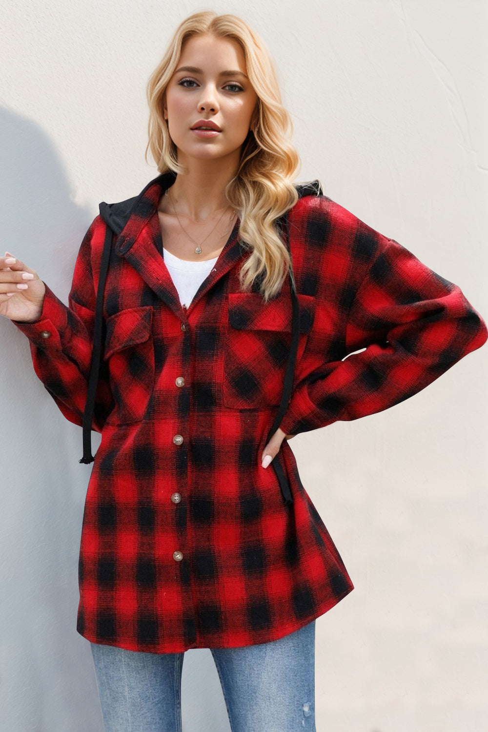 Drawstring Plaid Long Sleeve Hooded Shacket